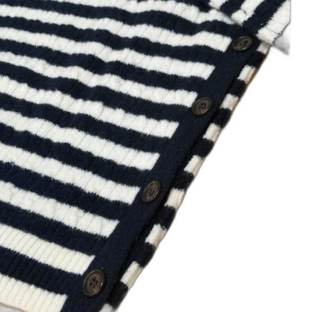 J.Crew Navy and White Stripe Sweater Womens Sz S Buttons-up on the Sides Coastal